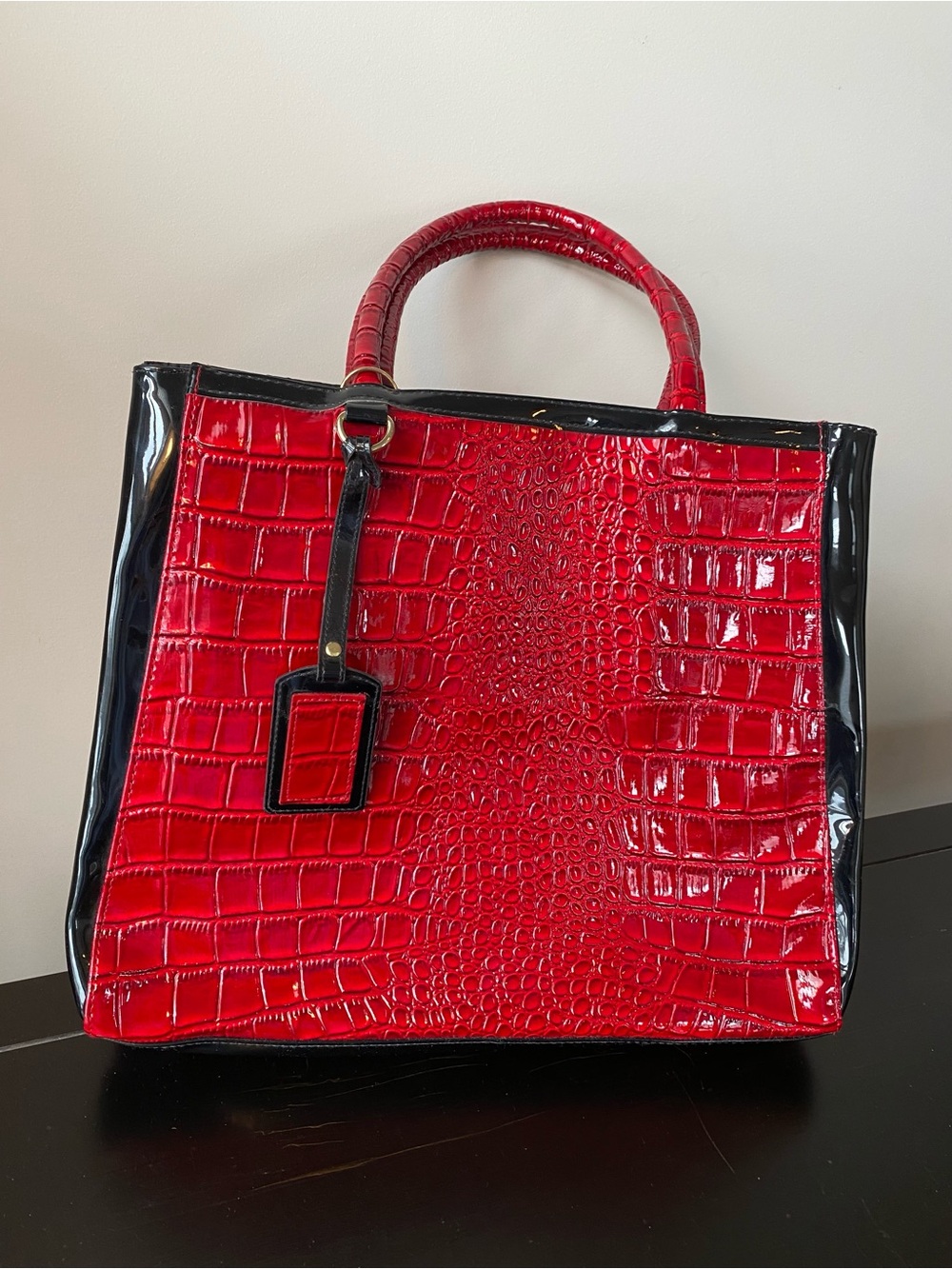 Red Croc-Embossed Patent Tote Bag with Black Trim